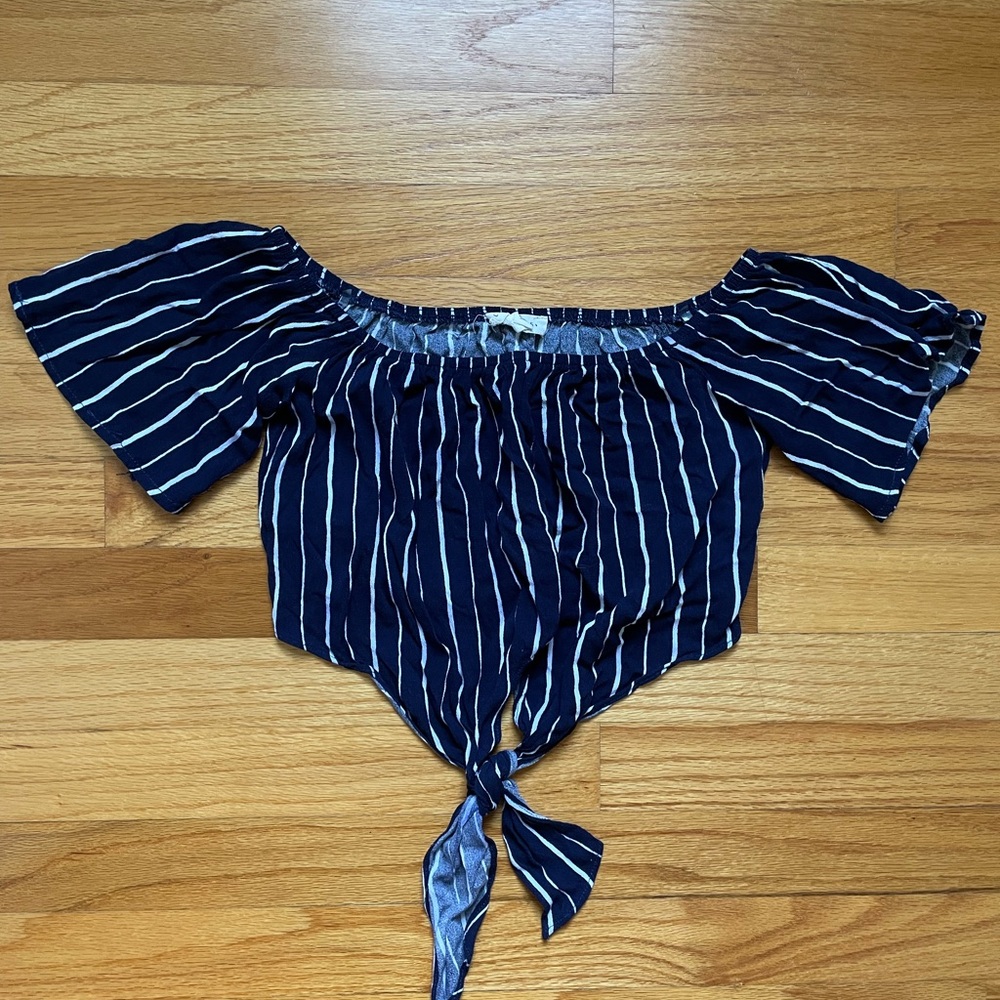 LA Hearts Navy and White Striped Off-Shoulder Blouse